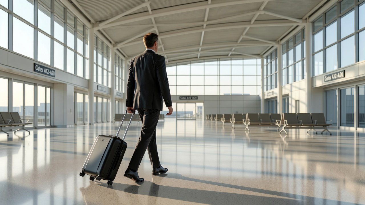 Business traveler walking through a modern airport terminal toward gate seating