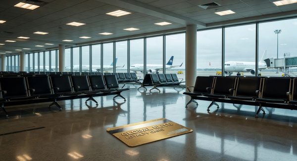Empty airport terminal with frequent flyer miles balance on mobile phone screen