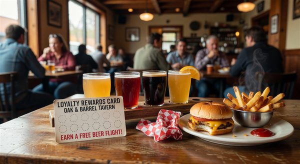 Casual American restaurant table with loyalty rewards card and beer flight