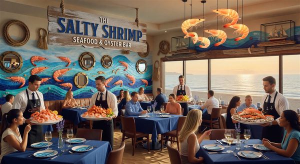 Seafood restaurant with shrimp and ocean decor, loyalty reward envelope