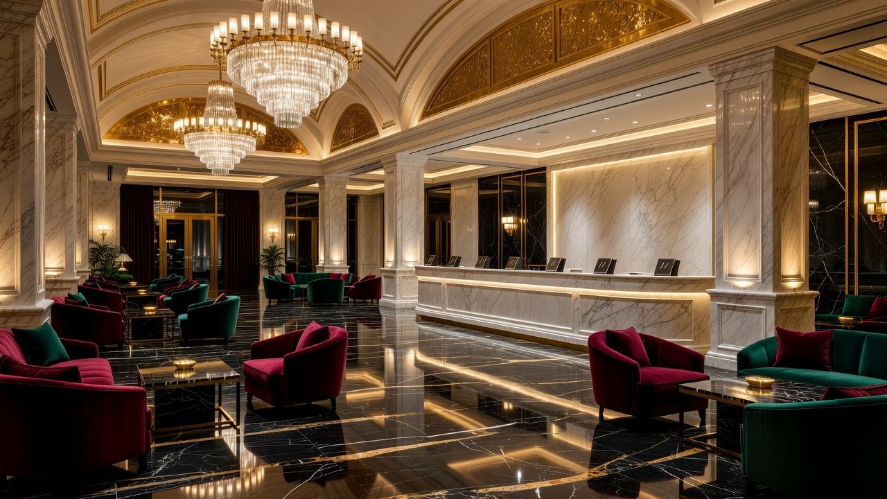 Elegant casino resort lobby at night with warm lighting and a marble reception area
