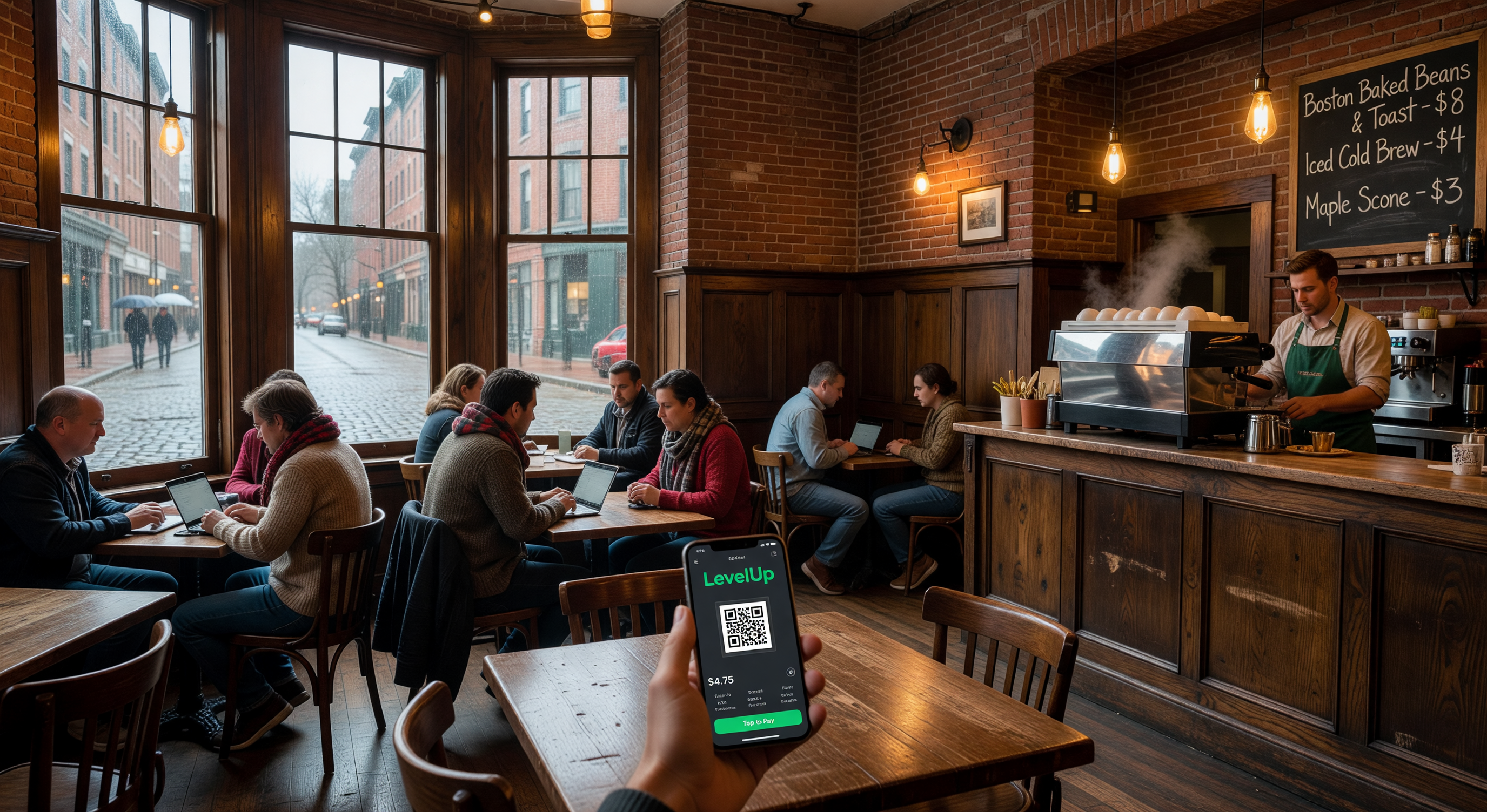 Boston-style cafe interior with LevelUp mobile payment app on phone