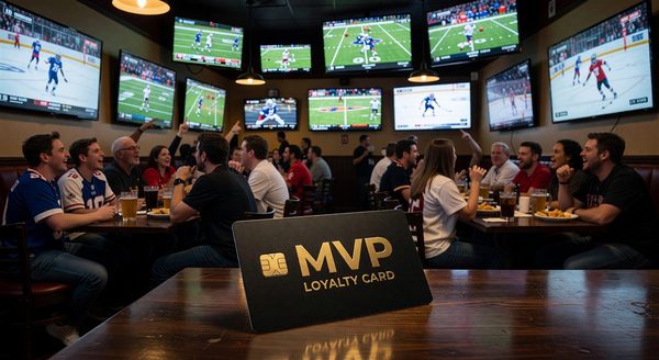 Sports bar dining room with MVP loyalty card and TV screens in background