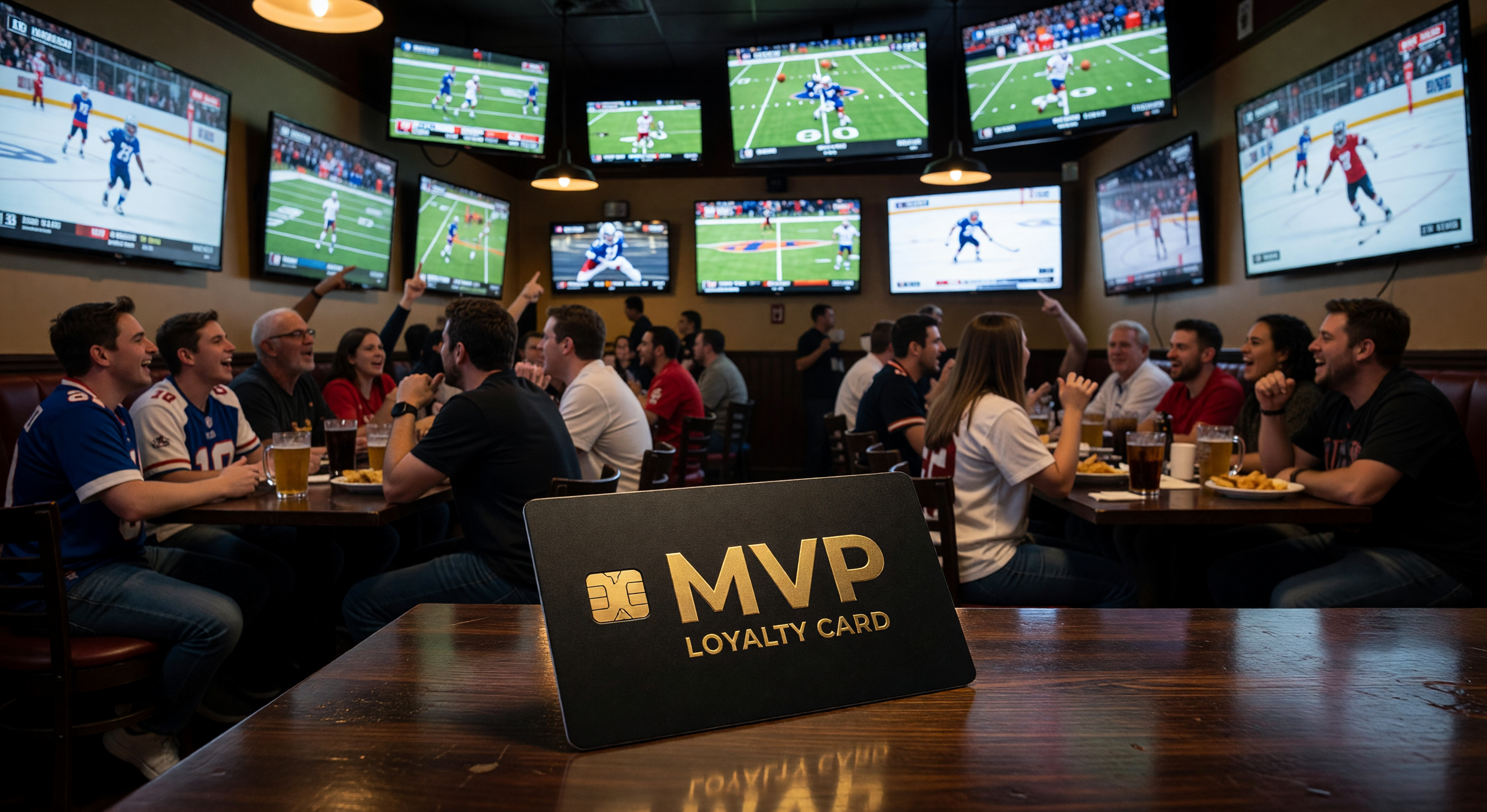 Sports bar dining room with MVP loyalty card and TV screens in background