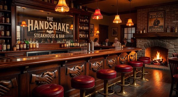 Vintage steakhouse bar with warm amber lighting and handshake motif