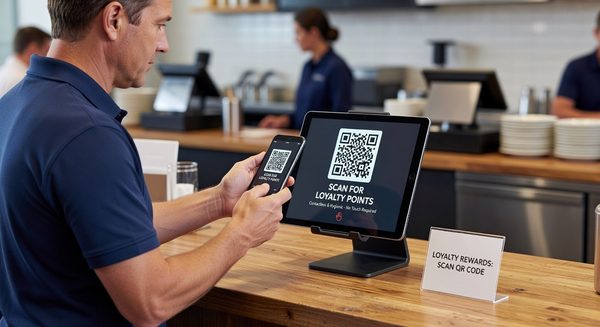 Customer scanning QR code at restaurant table to access loyalty rewards