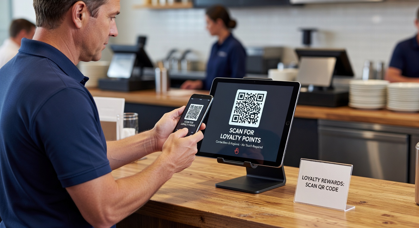Customer scanning QR code at restaurant table to access loyalty rewards