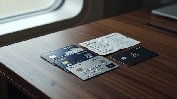 Assorted travel rewards credit cards fanned out beside a boarding pass and hotel key card on a travel desk