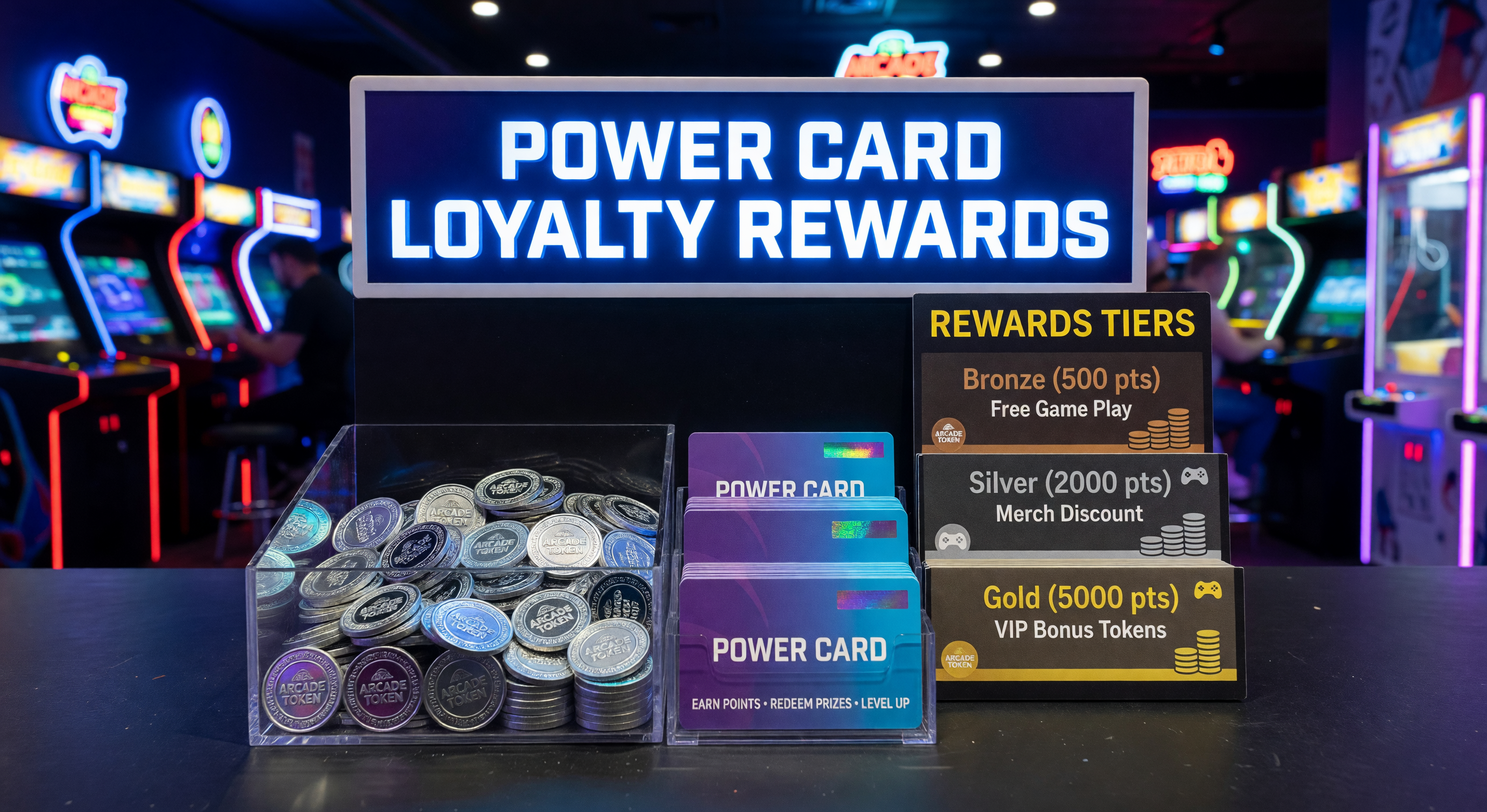 Entertainment venue arcade tokens and power card loyalty rewards display