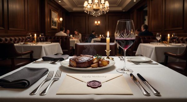 Fine dining steakhouse with loyalty membership envelope and wine glass