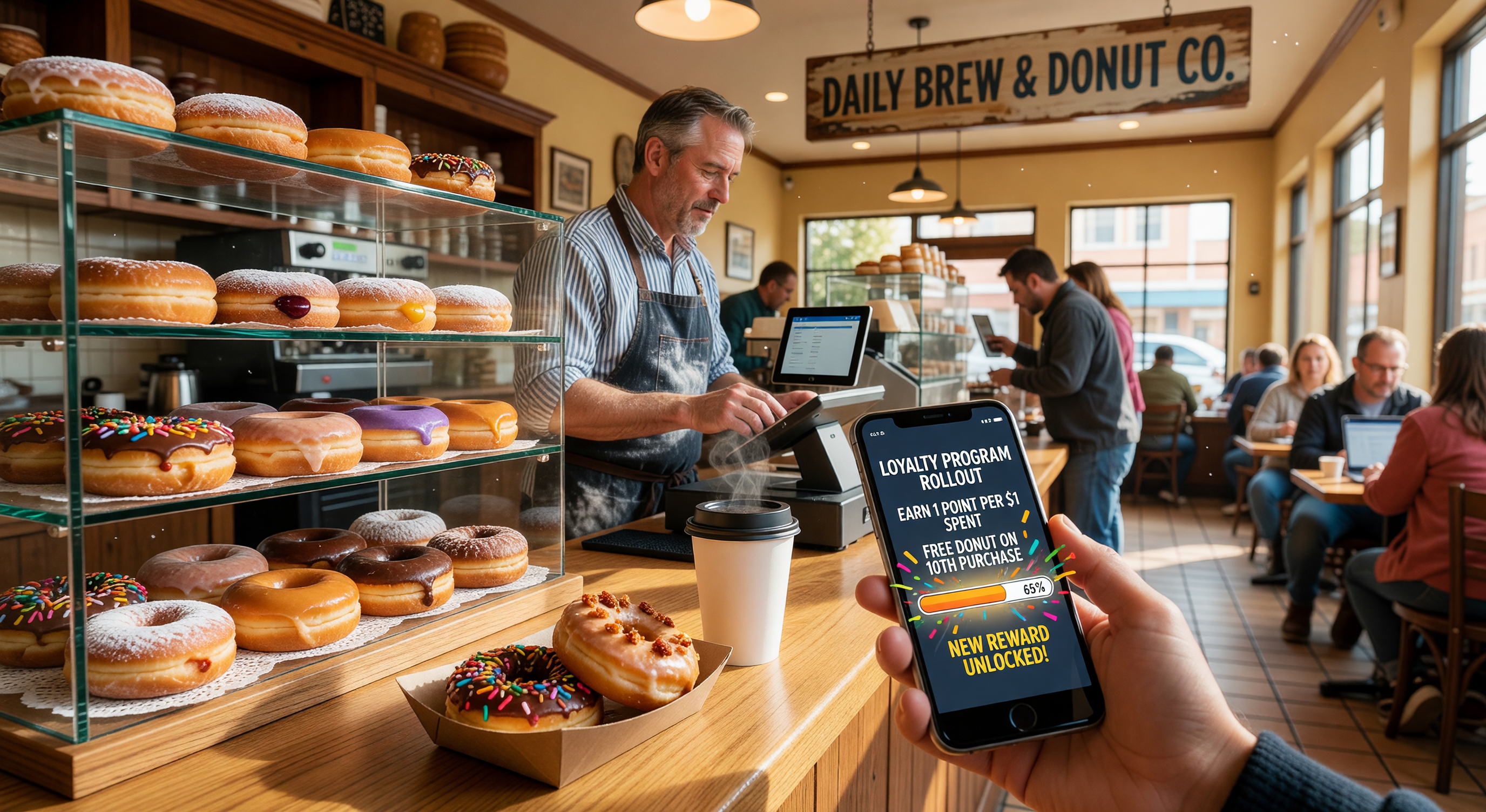 Donut shop counter with coffee and digital loyalty rollout on phone screen