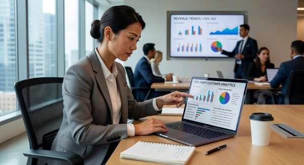 Restaurant marketer reviewing customer segmentation charts and loyalty analytics