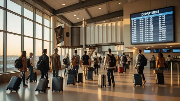 Airline boarding gate area with a departures screen and travelers waiting near the jet bridge