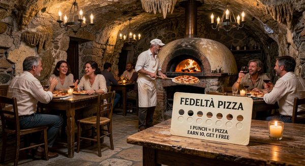 Grotto-style Italian pizza restaurant interior with loyalty card