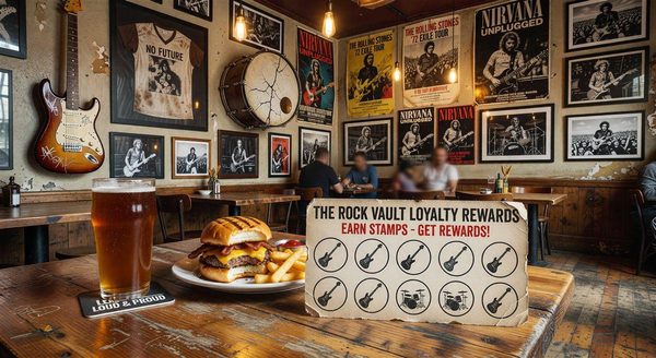Rock music memorabilia restaurant with loyalty reward card on table