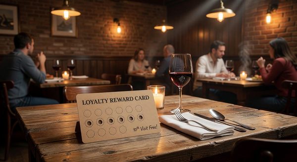 Warm restaurant dining room with loyalty reward card on table