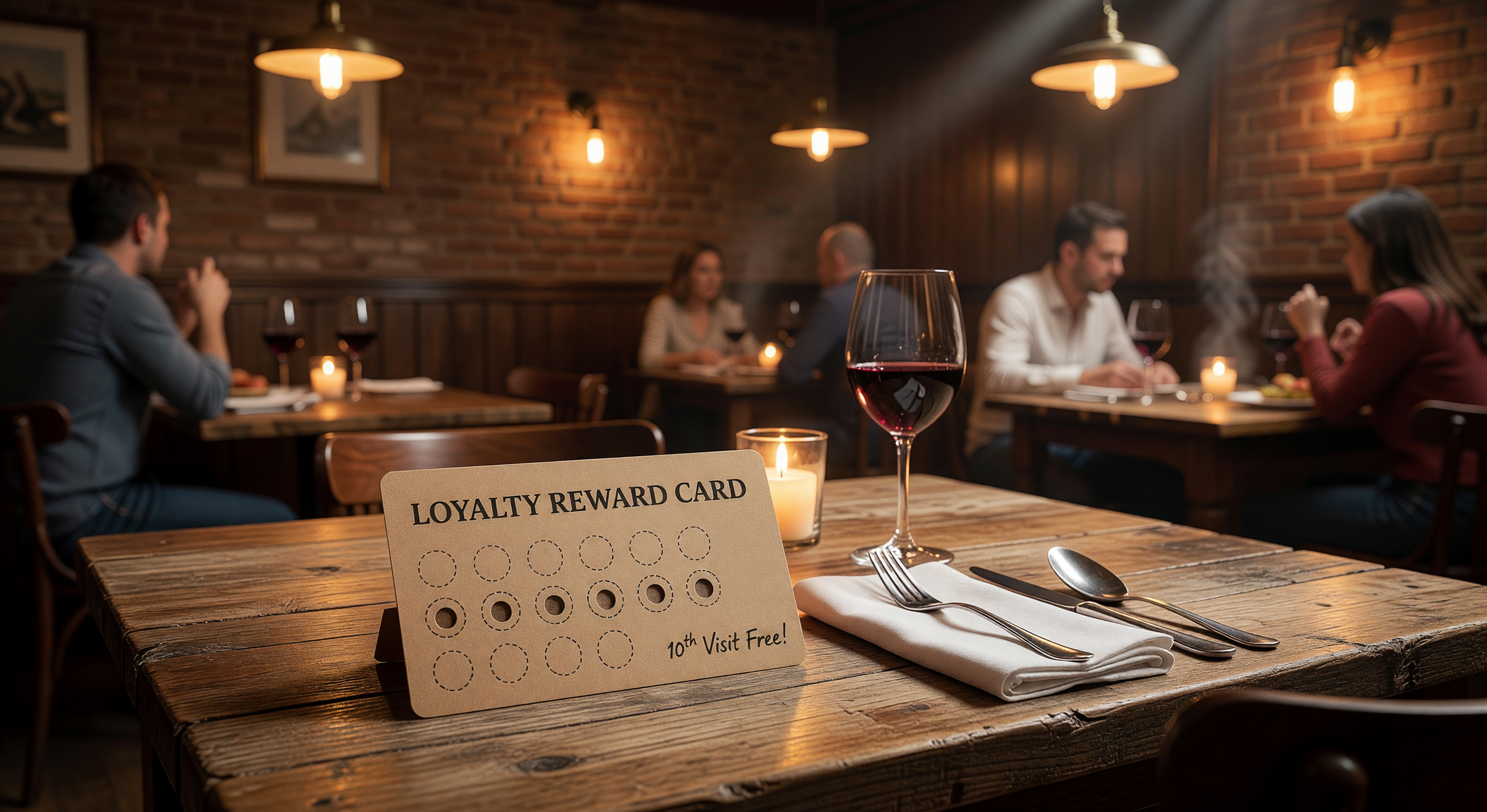 Warm restaurant dining room with loyalty reward card on table