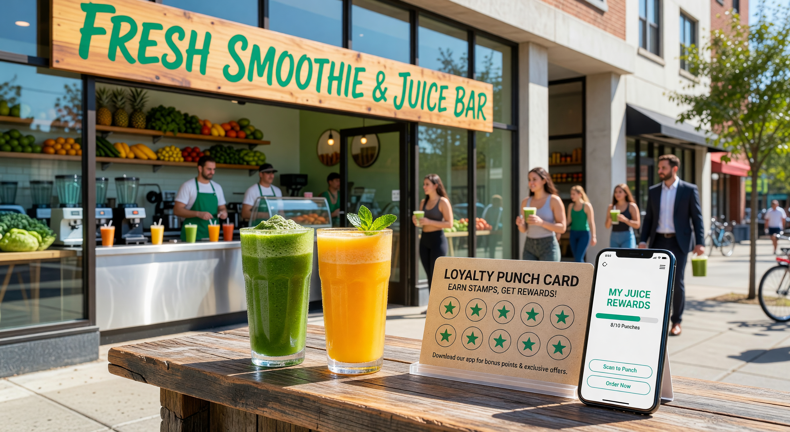 Fresh smoothie and juice bar with loyalty punch card and mobile app