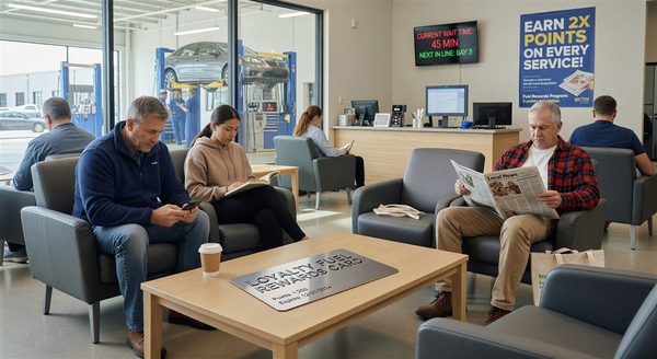 Auto service center waiting area with loyalty fuel rewards card