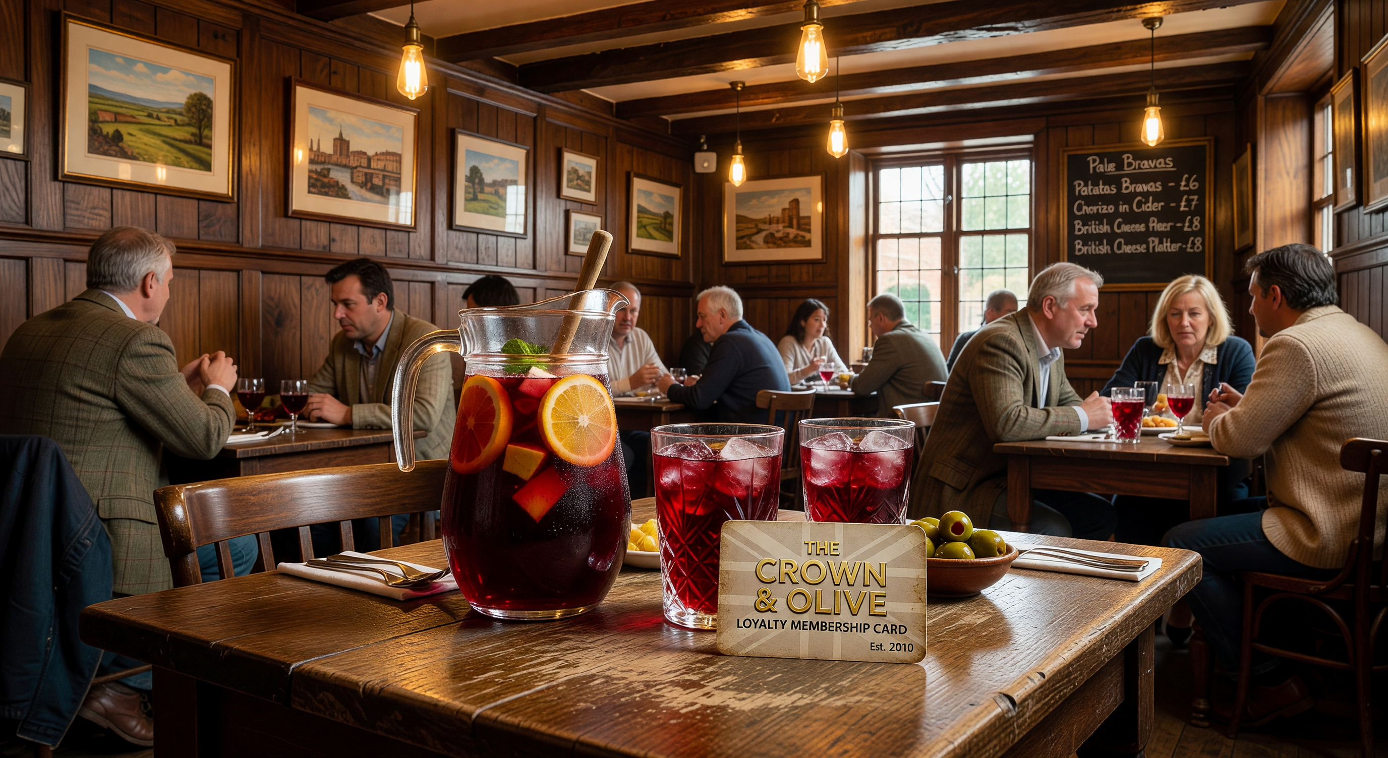British tapas bar with sangria and loyalty membership card on table