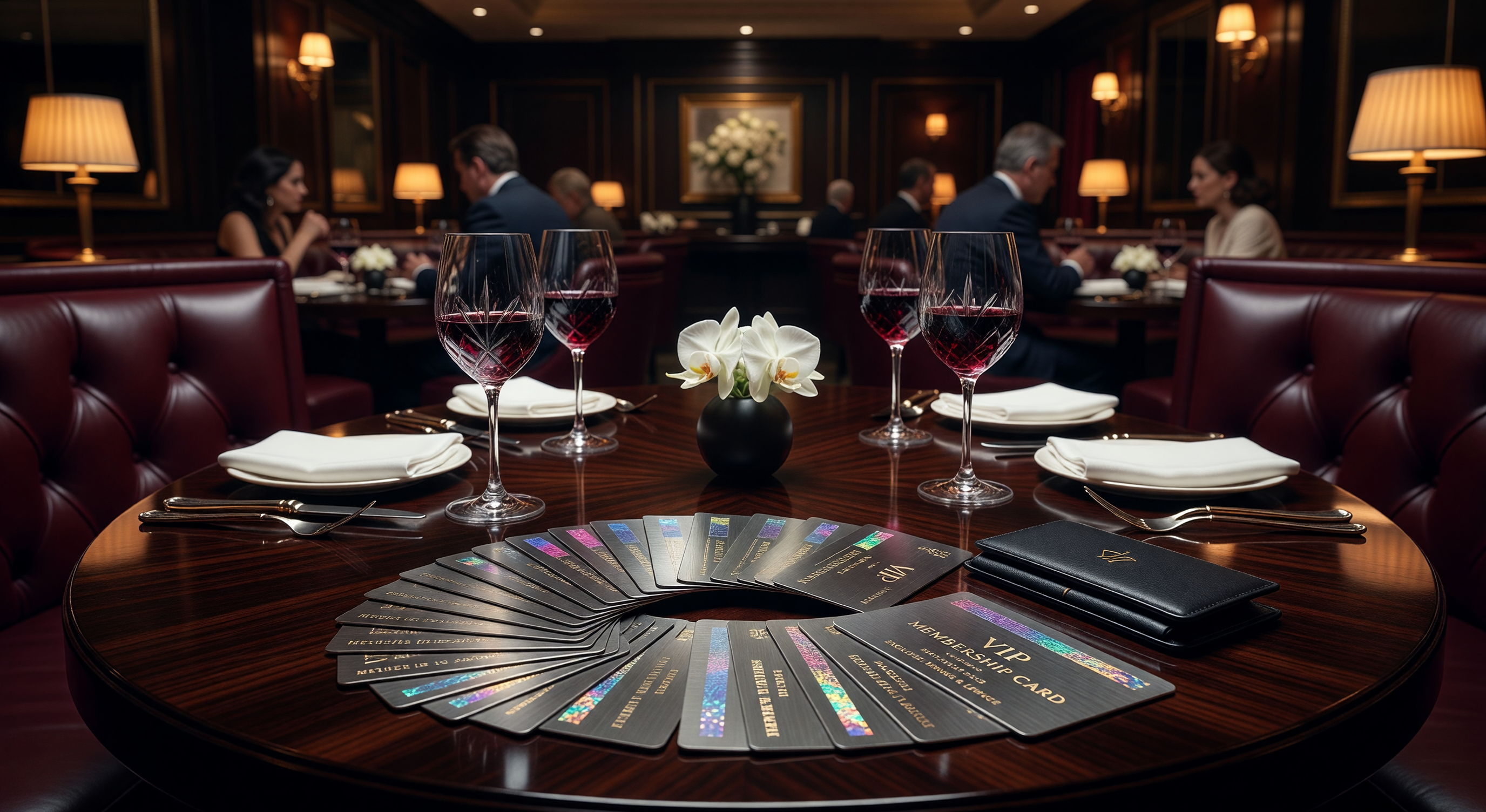 Luxury restaurant grouping with VIP membership cards fanned out