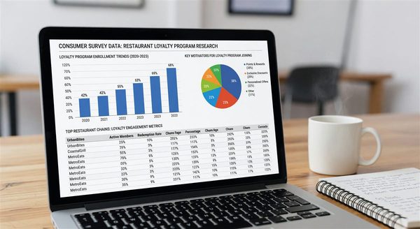 Consumer survey data on laptop showing restaurant loyalty program research