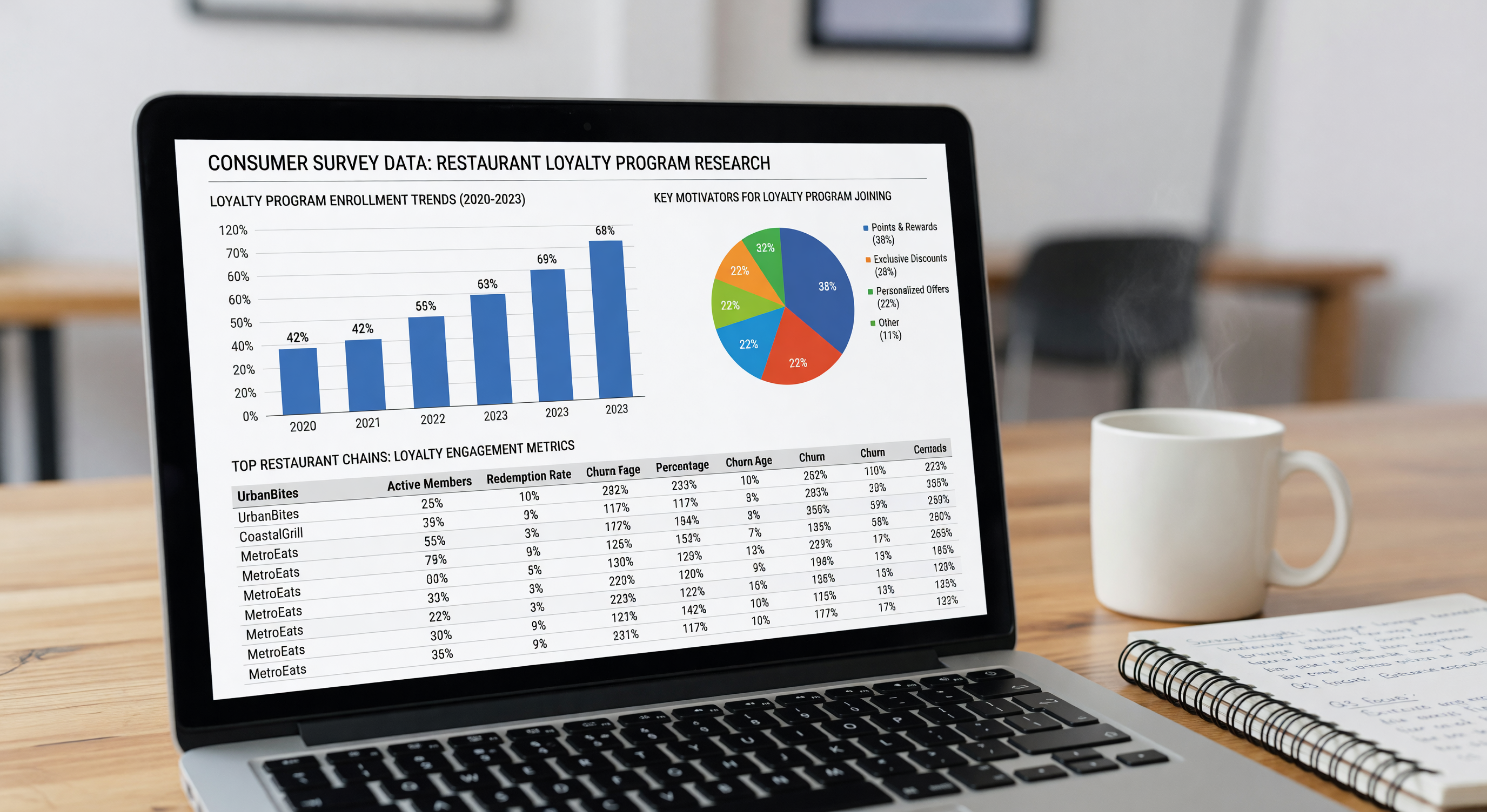 Consumer survey data on laptop showing restaurant loyalty program research