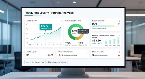 Analytics dashboard screen showing restaurant loyalty program KPIs and metrics