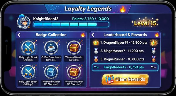 Loyalty app gamification elements showing progress bar, badges, and challenge completion