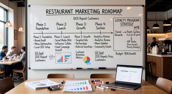 Restaurant marketing roadmap on whiteboard with loyalty program strategy notes