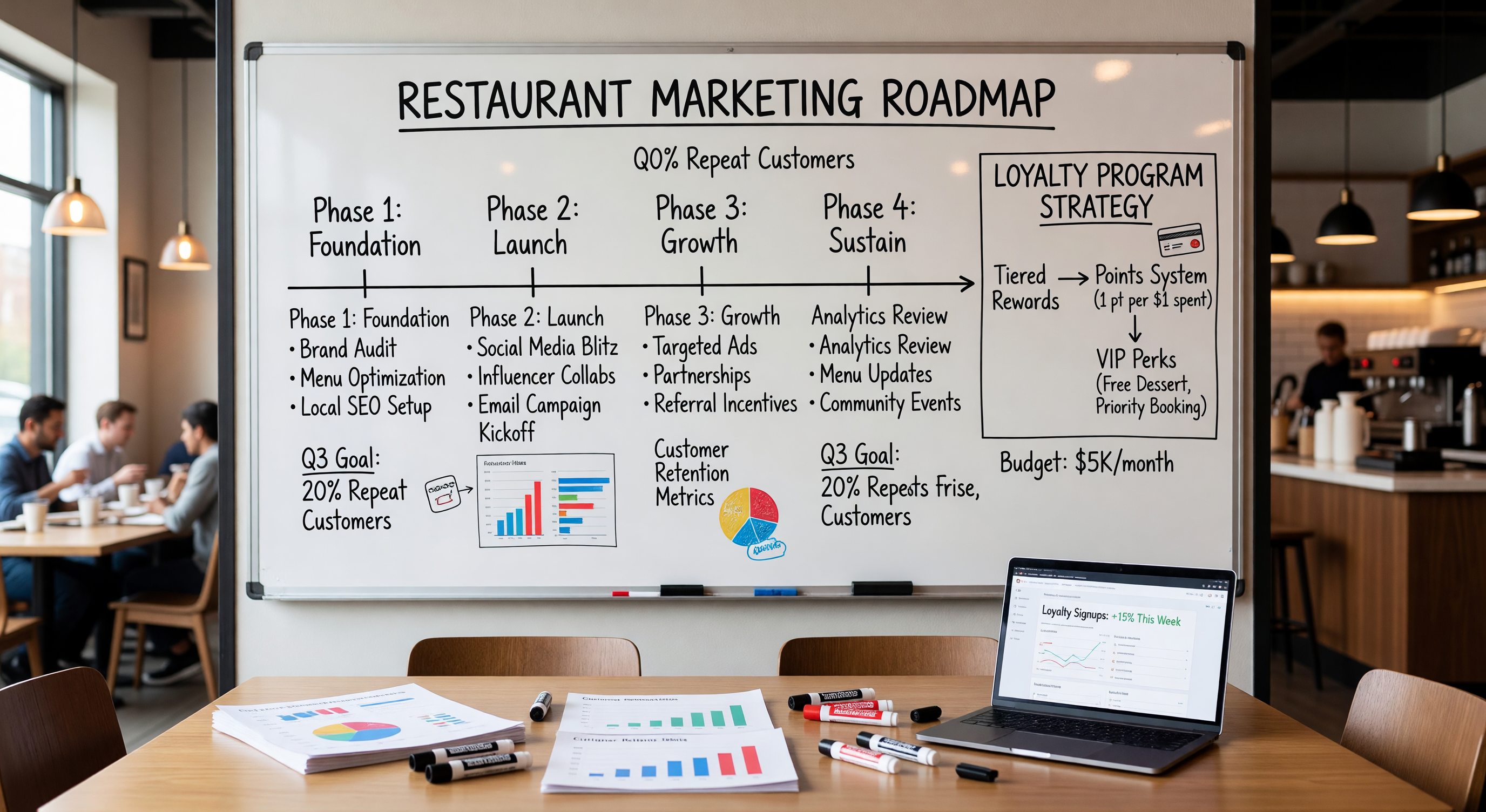 Restaurant marketing roadmap on whiteboard with loyalty program strategy notes