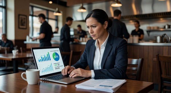 Restaurant manager reviewing loyalty program performance data on laptop