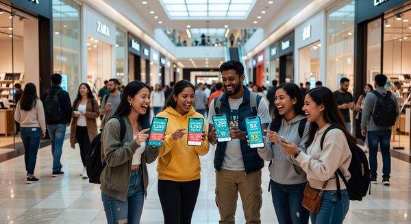 Young retail shopper using loyalty app at point of sale in modern retail store
