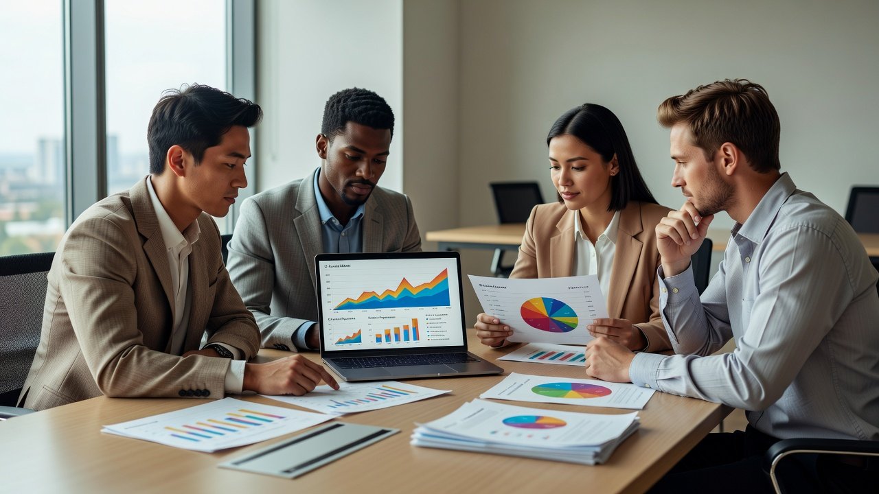 Marketing team reviewing data charts and reports on a laptop and printed pages in an office