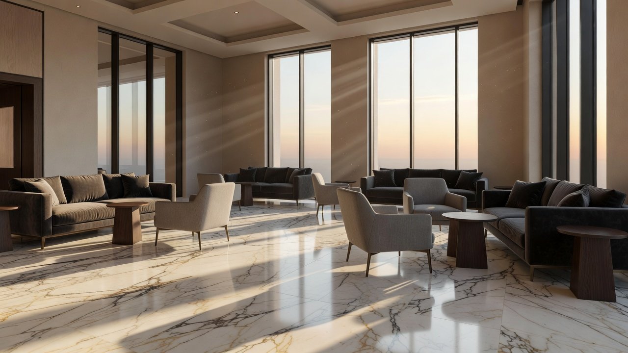 Empty hotel lobby with modern seating and warm evening light through tall windows