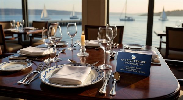 Upscale seafood restaurant table setting with loyalty membership card