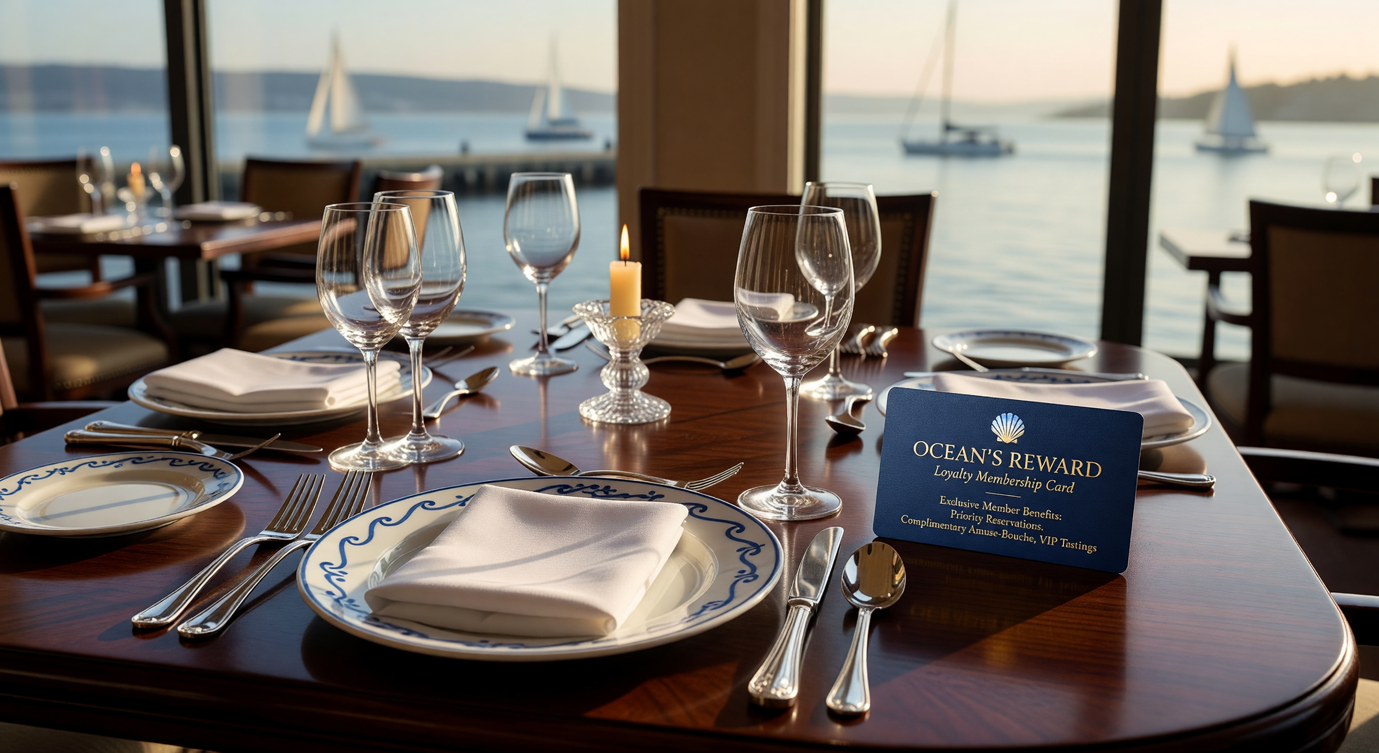 Upscale seafood restaurant table setting with loyalty membership card