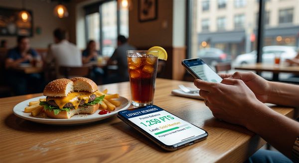 Restaurant loyalty smartphone app showing points balance at casual dining table