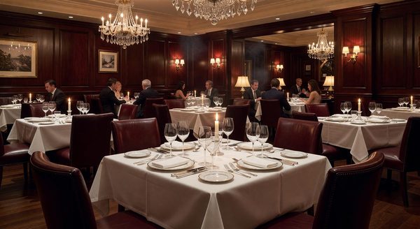 Fine dining steakhouse interior with white tablecloth and Morton's style ambiance