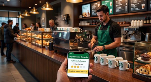 Starbucks-style coffee shop counter with loyalty star rewards visible on phone