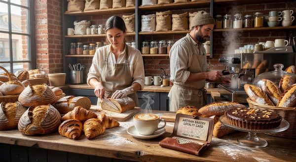 Artisan bakery counter with coffee and loyalty card, warm morning light