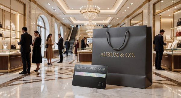 Upscale department store loyalty card and shopping bag representing premium rewards membership