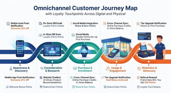 Customer loyalty journey map showing points earned across in-store, app, and online channels