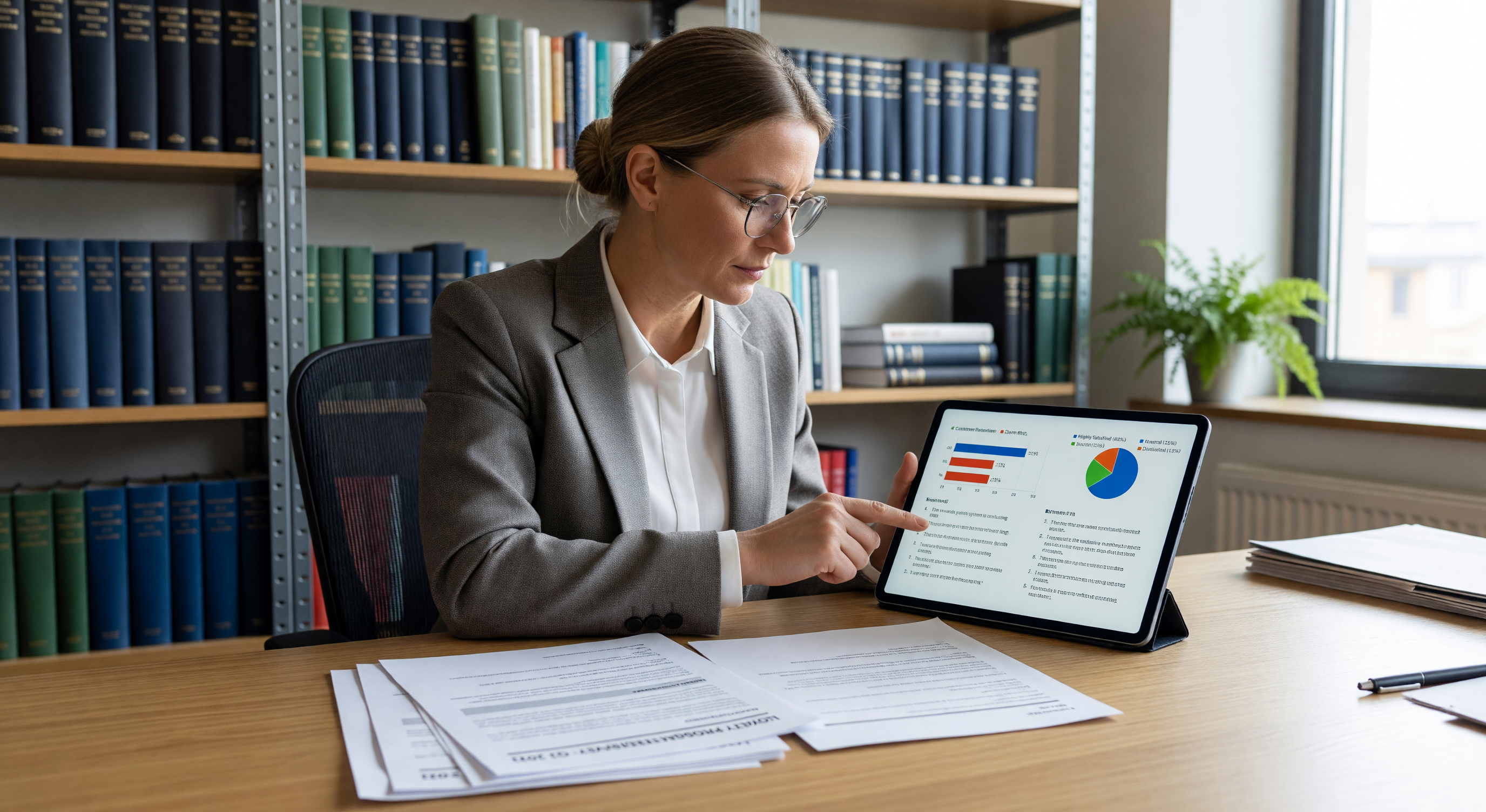 Researcher reviewing loyalty program survey results on tablet