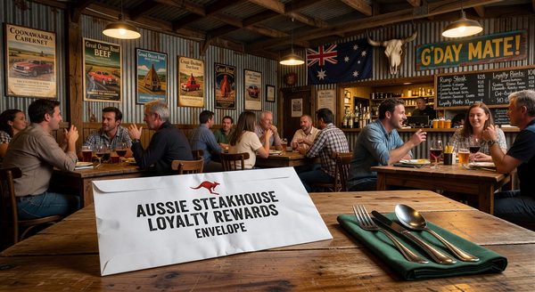 Australian-themed steakhouse interior with loyalty rewards envelope on table