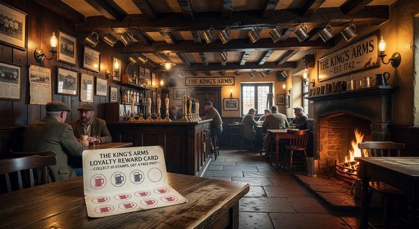 Traditional English pub interior with loyalty reward card