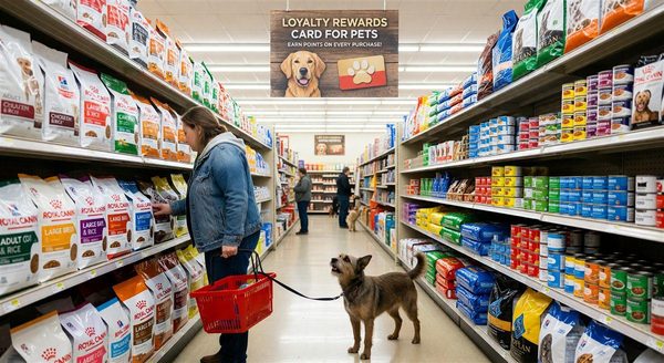 Pet store aisle with dog food and loyalty rewards card for pets