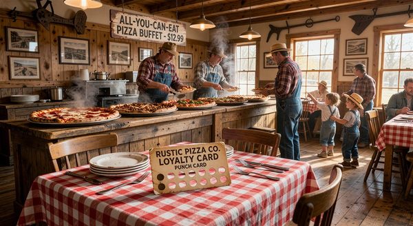 Country-style pizza buffet restaurant with loyalty card on checkered tablecloth