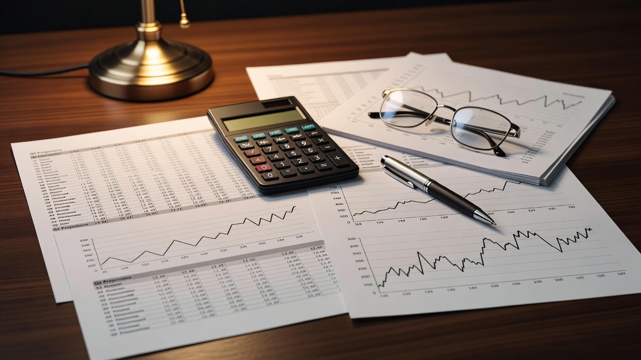 Analyst desk with printed data tables, a calculator and a pen under a desk lamp