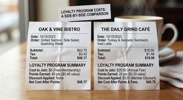 Two restaurant receipts side by side comparing loyalty program costs